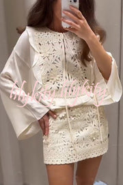 Fashionable Round Neck Tie Hollow Stitching Casual Shirt