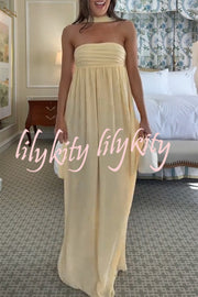 Butter Yellow Ruched Bust Off Shoulder Scarf A-line Maxi Dress