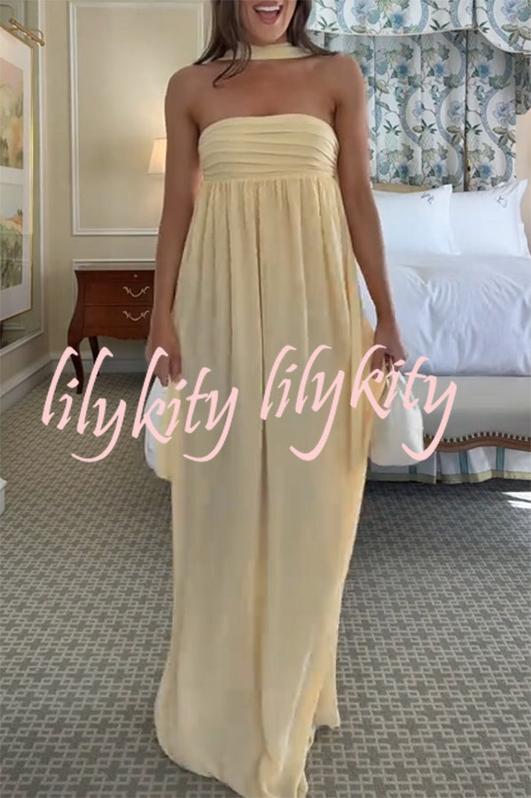Butter Yellow Ruched Bust Off Shoulder Scarf A-line Maxi Dress