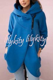 Solid Color Loose Hooded Zip-up Casual Sports Jacket