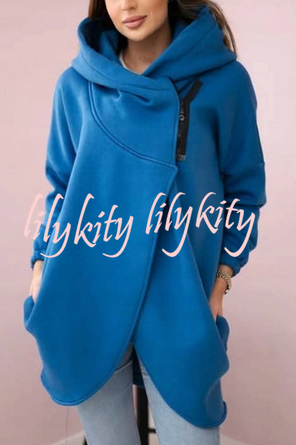 Solid Color Loose Hooded Zip-up Casual Sports Jacket