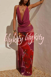 Sexy Deep V Backless Draped Camisole Top and Floral Print Chiffon Maxi Skirt Set