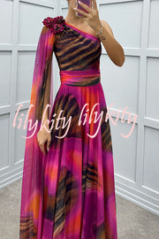 Lucia Unique Print Floral Detail One Shoulder Draped Sleeve Gown Maxi Dress