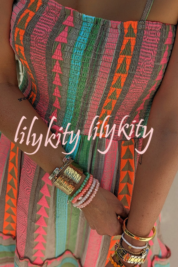 Plenty of Sunshine Linen Blend Ethnic Print Smocked Cami Midi Dress