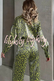 Leopard Print Long-sleeved Casual Top and Loose Elastic Waist Tie Pants Set