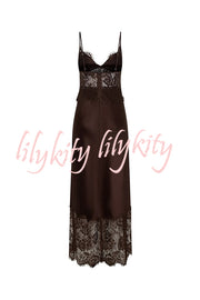 Elegant Evening Satin Lace Patchwork See-through Waist Slip Maxi Dress