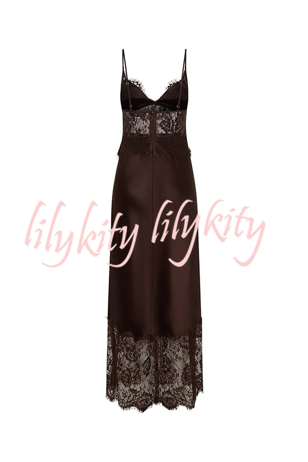 Elegant Evening Satin Lace Patchwork See-through Waist Slip Maxi Dress