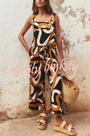 Printed Wide Straps Square Neck Tank and Pockets Elastic Waist Wide Leg Trousers Set