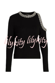 Holiday Party Knit Crystal-Embellished Cut-out Shoulder Long Sleeve Top