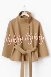 Fashionable Stand Collar Button Waist Tie Loose Cape