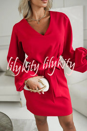 Holiday Gatherings V-neck Long Balloon Sleeve Tie-up Waist Loose Mini Dress