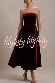 Center of Attention Velvet Satin Neck Bandeau Pleated Midi Dress