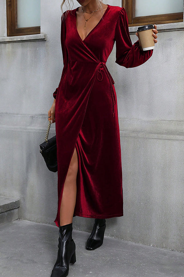 Velvet Long-sleeve V-neck Tie-waist Slit Maxi Dress