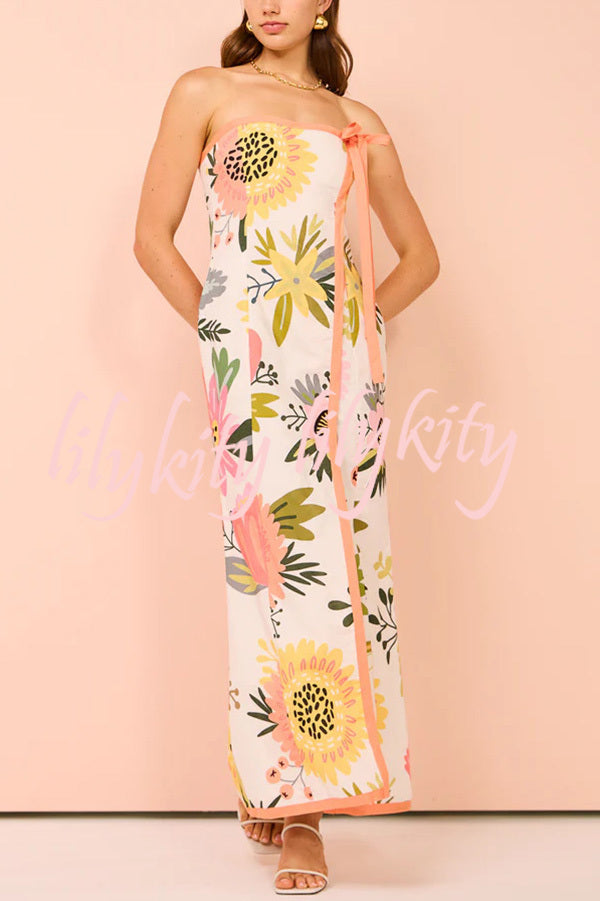 Inessa Linen Blend Floral Print Strapless Wrap Bow Maxi Dress