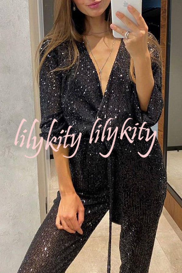 Cheers To You Sequin Long Sleeve Belted Wrap Loose Jumpsuit