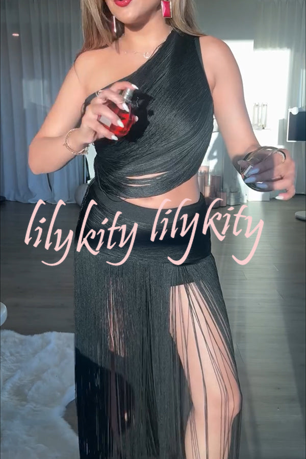 Dancing Miracle One Shoulder High Waist Hollow Design Tassel Hem Drape Mini Dress