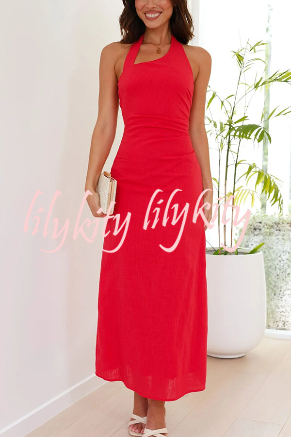 Solid Color Sleeveless Halter Neck Backless Slim Fit Maxi Dress