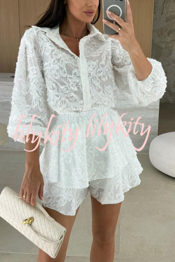 Unique Lace Texture Fabric Balloon Sleeve Blouse and Elastic Waist Layered Skirt Set