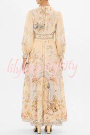 Fairy Tale Print V-Neck Lantern Sleeve Waist Maxi Dress