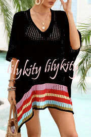Color Block V Neck Slit Hollow Short Sleeved Knitted Cover Up