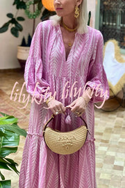 Marrakech Stories Linen Blend Printed Balloon Sleeve Pocketed A-line Midi Dress