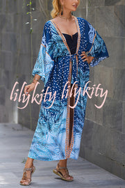 Unique Print Loose Lace Up Holiday Maxi Cover Up