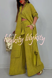 Solid Color Casual Loose Long Shirt and Elastic Waist Pocket Wide Leg Pants Set