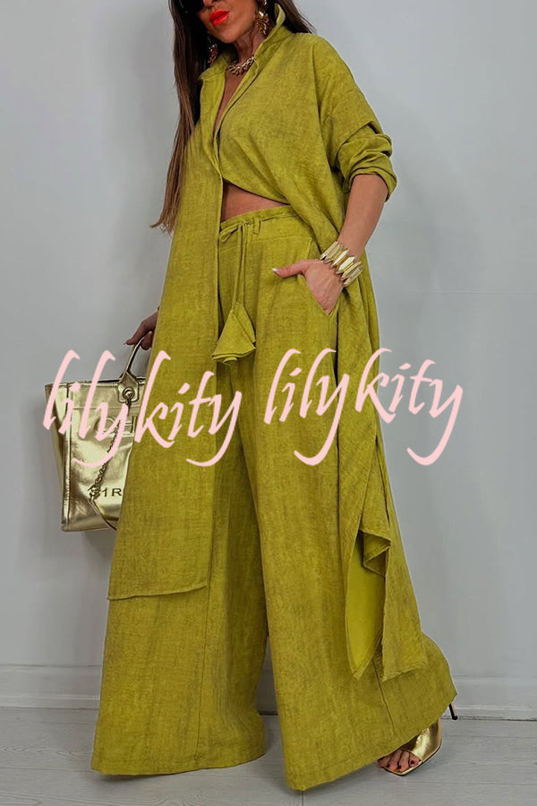 Solid Color Casual Loose Long Shirt and Elastic Waist Pocket Wide Leg Pants Set