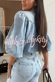 Fashion V-neck Button-down Lantern Sleeve Casual Denim Shirt
