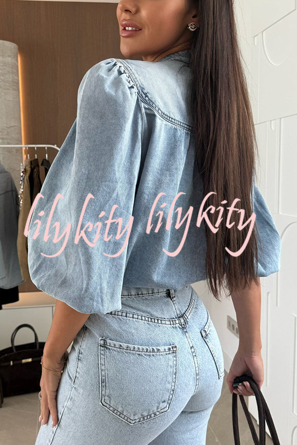 Fashion V-neck Button-down Lantern Sleeve Casual Denim Shirt