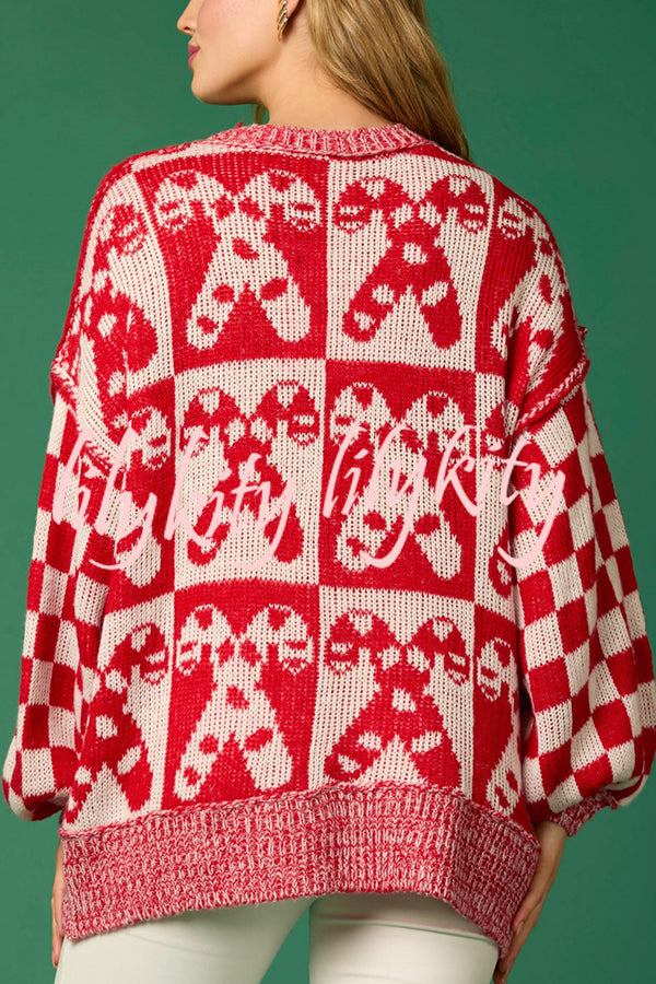 Christmas Candy Plaid Round Neck Long Sleeve Loose Knit Sweater