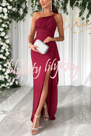 Party Love One Shoulder Ruched Waist Ruffle Slit Maxi Dress