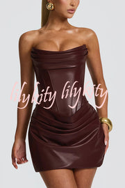 Palmer Faux Leather Pleated Off Shoulder Neck Slit Stretch Mini Dress