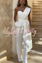 Amena One Shoulder Sweetheart Neck Ruffle Hem Top and Elastic Waist Pocket Wide Leg Pants Set