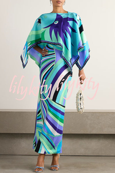 Mykonos Getaway Satin Unique Print Flowy Cape Sleeve Maxi Dress