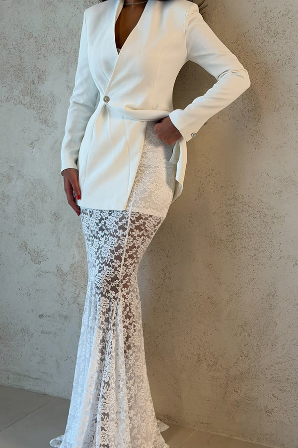 Poetic Muse Floral Lace High Rise Elastic Waist Fishtail Hem Maxi Skirt