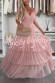 Romantic Movie Tulle Ruched Tiered Hem Slip Maxi Dress