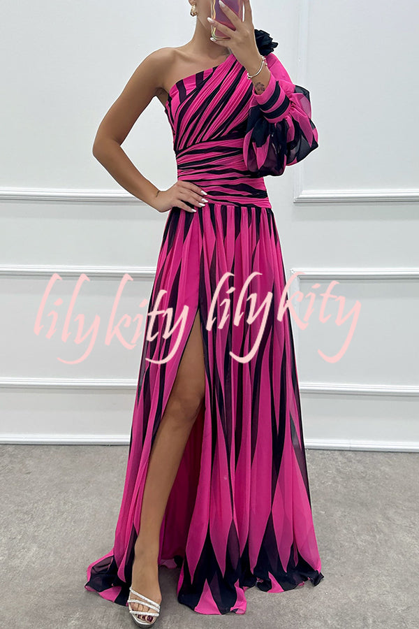 Purely Charming Printed Rose Pendant One Shoulder Pleated Slit Maxi Dress