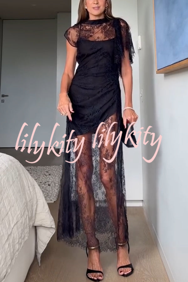 Romantic Statement Lace One Shoulder Bell Sleeve Asymmetrical Maxi Dress