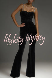 Eliza Luxurious Velvet Fabric Jewel-embellished Shoulder Straps Belted Flare Jumpsuit