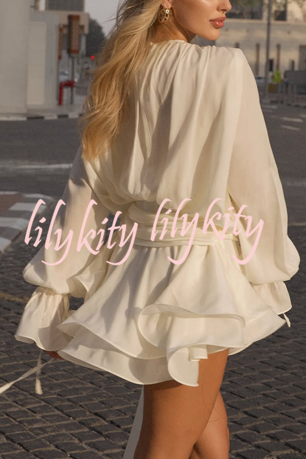 Solid Color Long Sleeve V-Neck Lace-Up Elegant Flower Decorated Mini Dress
