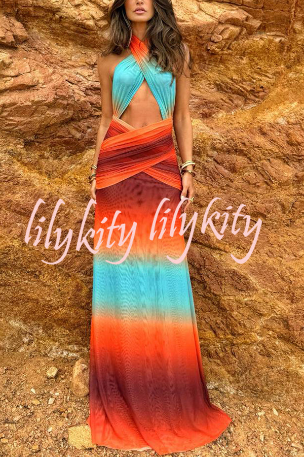 Neon Sunset Mesh Printed Cross Halter Neck Backless Vacation Maxi Dress