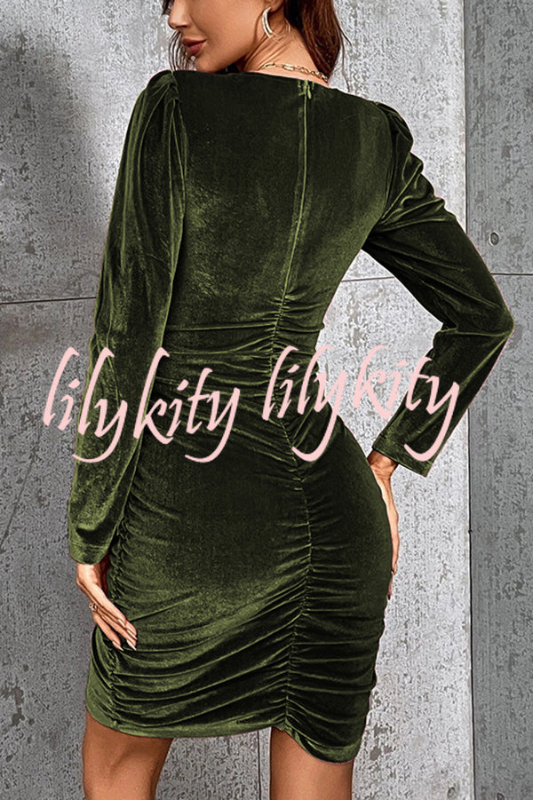 Solid Color Velvet Sexy V-neck Long Sleeve Ruched Mini Dress