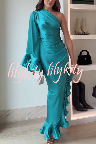 Elegant Satin One Shoulder Sleeve Pleated Ruffles Trim Ruched Asymmetrical Maxi Dress