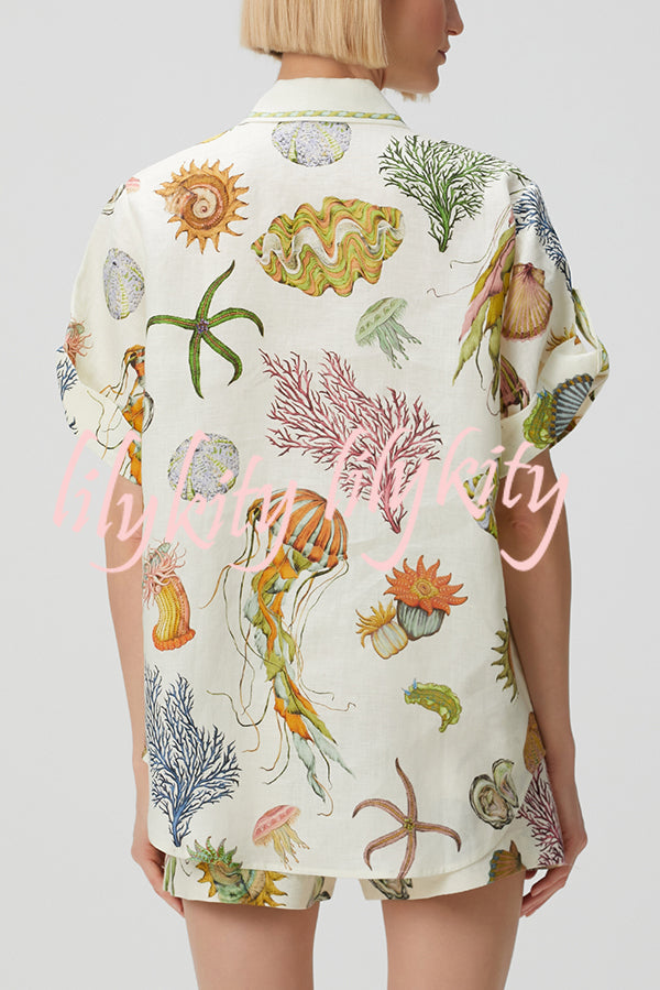 Beach Shell Print Short Sleeve Loose Shirt and Elastic Waist Tie Casual Pocket Shorts Set