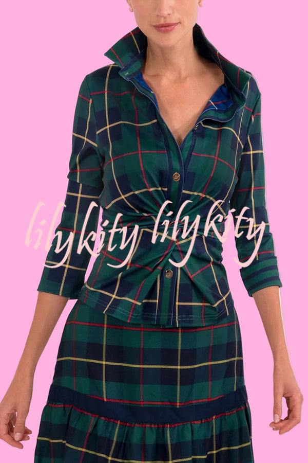 Embrace The Festival Plaid Twist Half Sleeve Shirt and Elastic Waist Pencil Pants Set