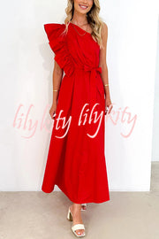 Solid One Shoulder Ruffled Sleeves Tie Waist Maxi Dress