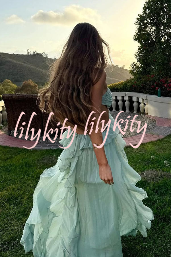 Gorgeous Vacation Halter Rose Detail Cut Out Ruffles Backless Maxi Dress