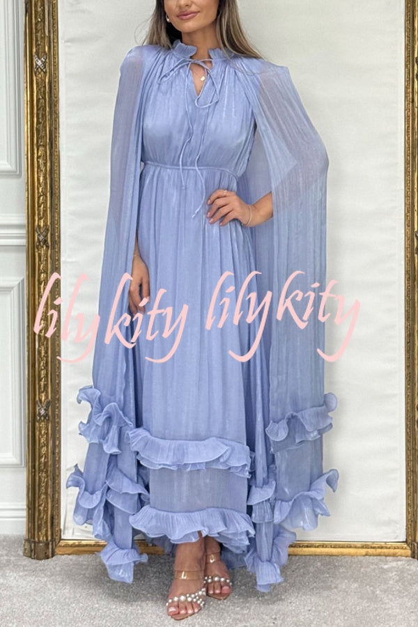Fashionable V-neck Lace-up Ruffled Double-layer Hem Maxi Dress