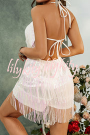 Shiny Sexy Halterneck Backless Lace-up Fringed Sequin Rompers